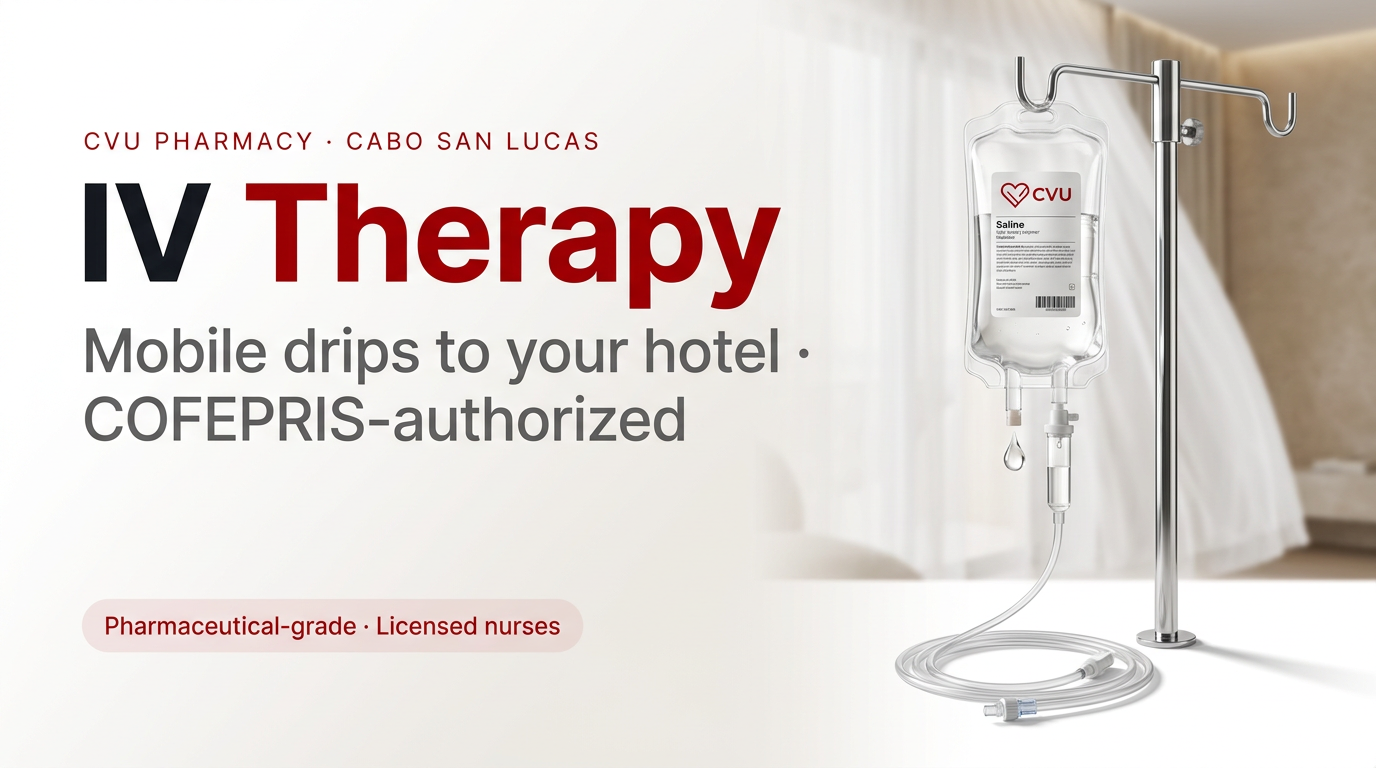 IV therapy drip delivered to a hotel suite in Cabo San Lucas by CVU Pharmacy licensed nurses