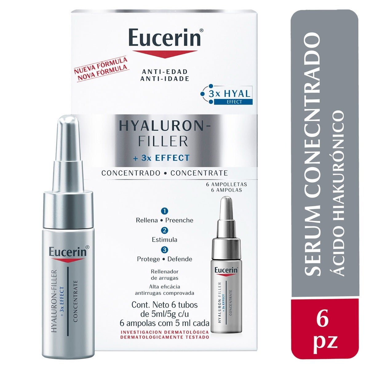 Eucerin Hyaluron-Filler + 3x Effect Anti-Aging with 6 Ampoules concentradas with Hyaluronic Acid 5ml c/u