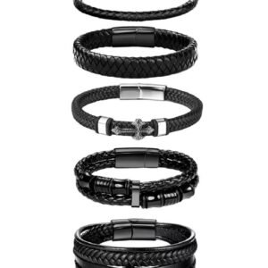 Set Pulseras Cuero Trenzado for Men with Cierre Magnético