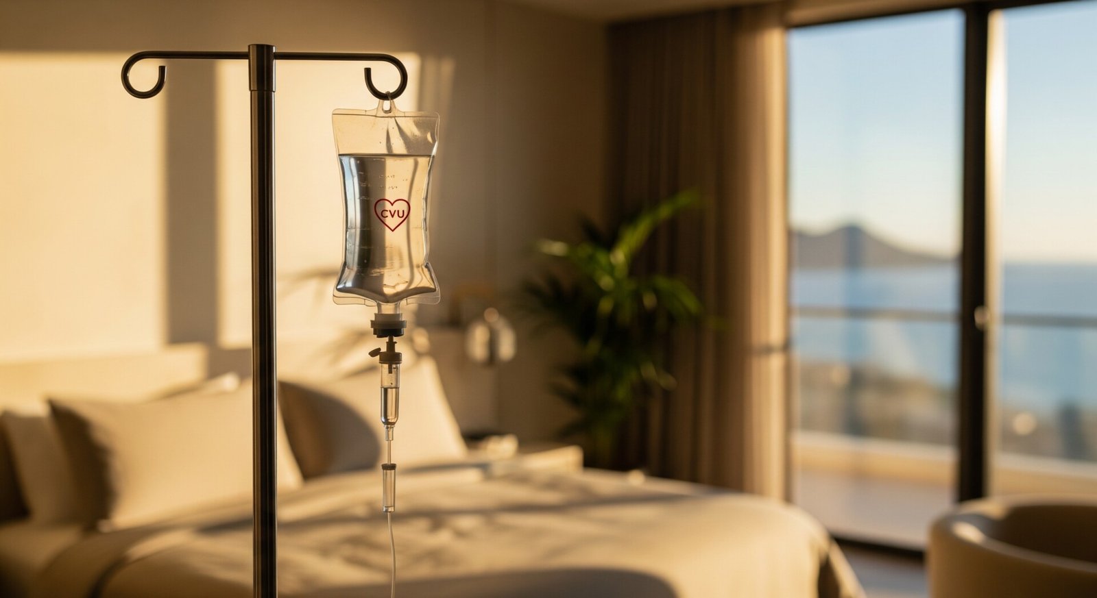 Premium in-suite IV therapy setup with CVU Saline drip in luxury Cabo San Lucas hotel — CVU Pharmacy